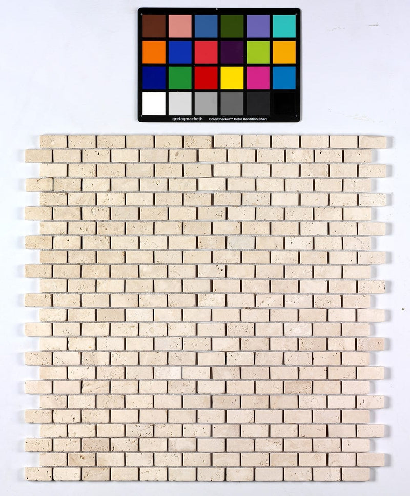 travertine mosaic 1x2 brick 10095992 light tumbled product shot multiple with color checker
