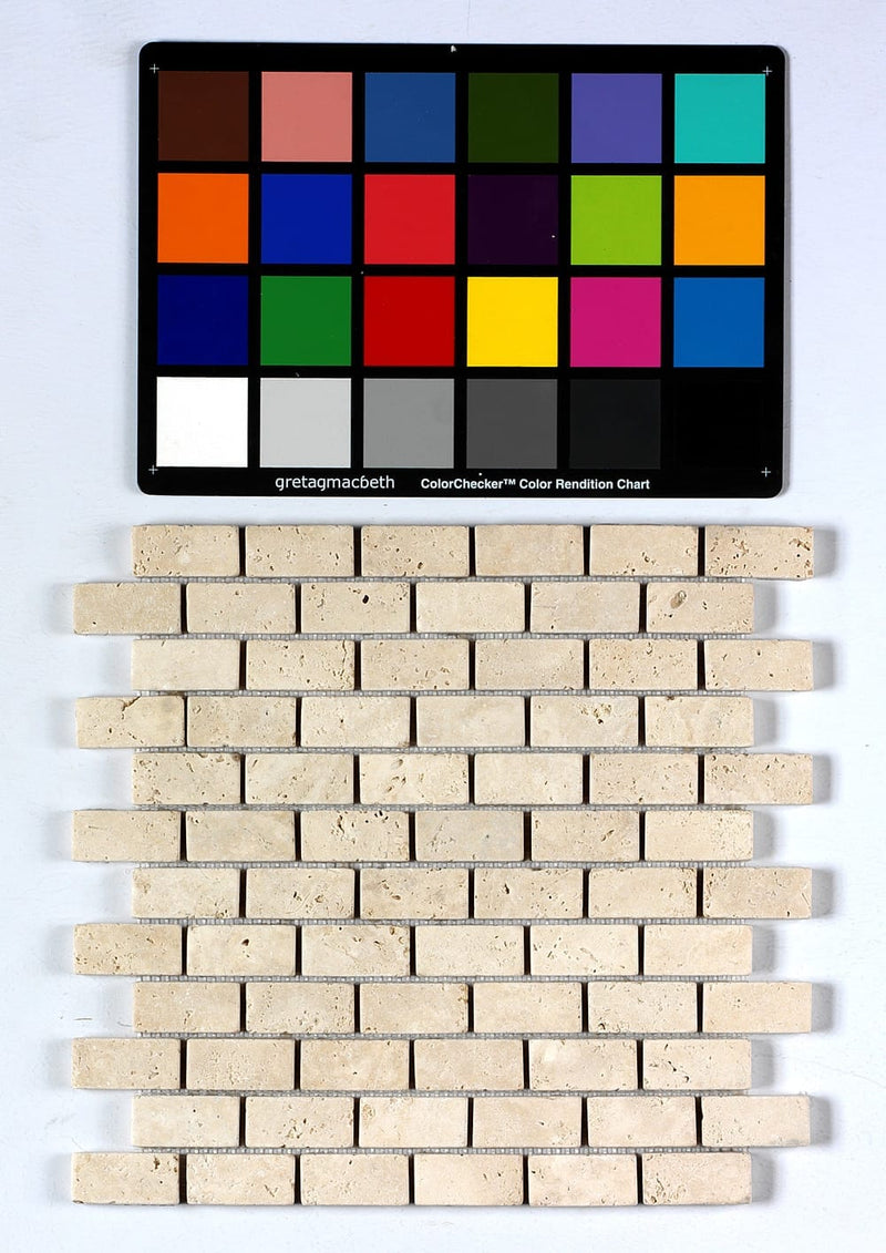 travertine mosaic 1x2 brick 10095992 light tumbled product shot single tile with color checker