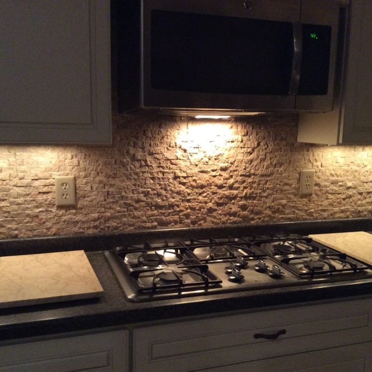Noce brown travertine mosaic 1x2 stacked stone splitface DP 02-02 installed on kitchen backsplash