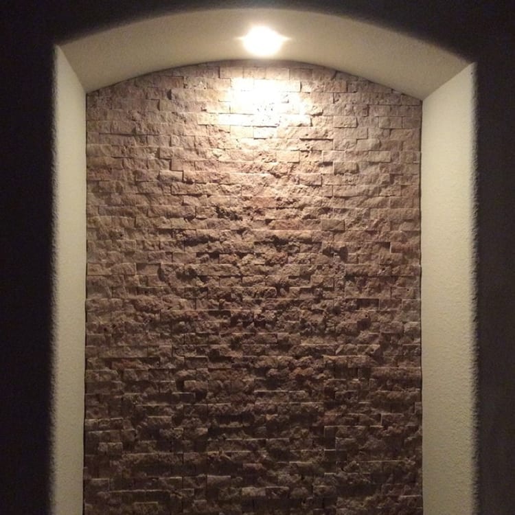 Noce brown travertine mosaic 1x2 stacked stone splitface DP 02-02 installed decorative wall