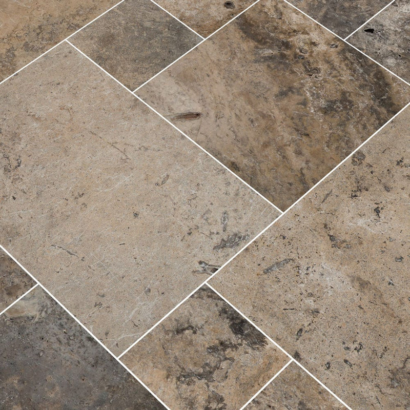 travertine pavers silver pattern tumbled floor tile LPAVTSIL10KITS multiple tiles angle view