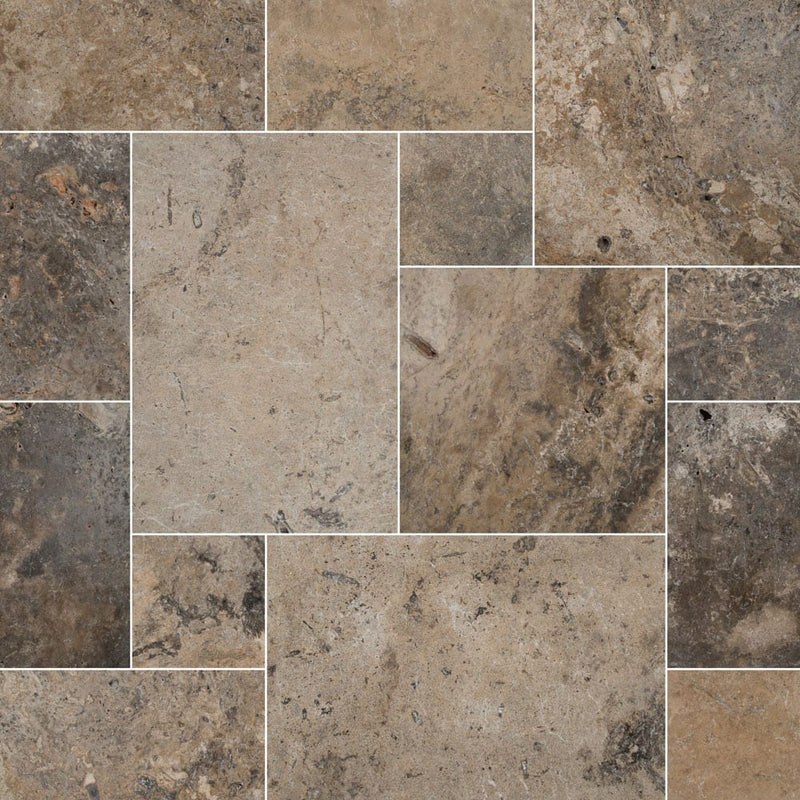 travertine pavers silver pattern tumbled floor tile LPAVTSIL10KITS multiple tiles top view