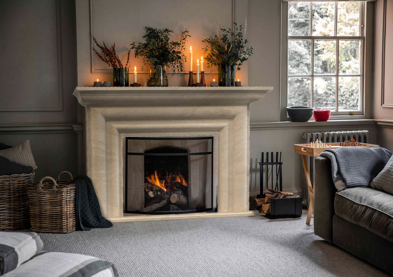 troia light travertine fireplace surround mantel modern polished MEGFP03 installed on modern living room