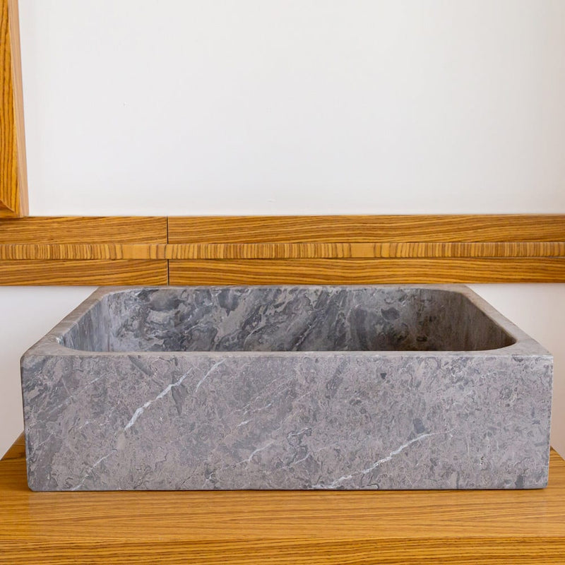 Tundra Gray Marble Farmhouse Rectangular Above Vanity Bathroom Sink (W)16" (L)19.5" (H)5" side view