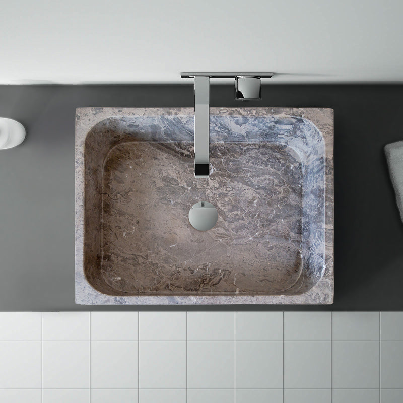 Tundra Gray Marble Farmhouse Rectangular Above Vanity Bathroom Sink (W)16" (L)19.5" (H)5" installed bathroom top view chrome wall-mount faucet