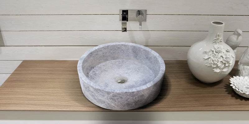 Natural Stone Tundra Grey Marble Above Vanity Bathroom Sink Polished (D)16.5" (H)6" installed bathroom above wooden counter