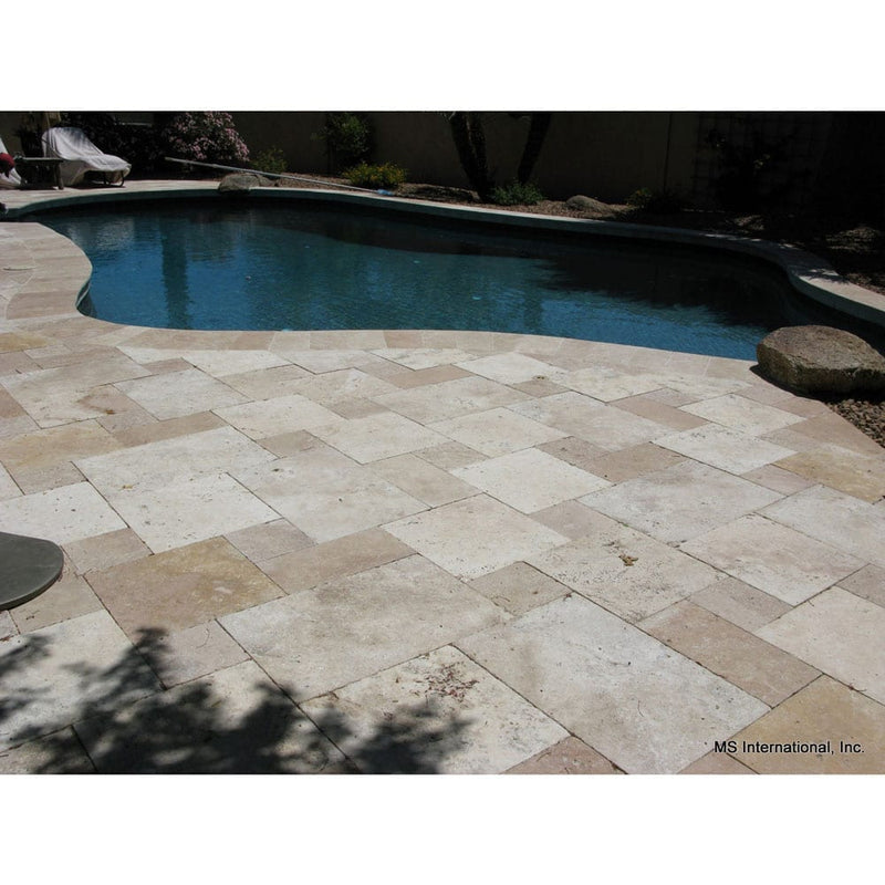 tuscany beige travertine pavers pattern tumbled floor tile LPAVTBEI10KITS installed around curved swimming pool
