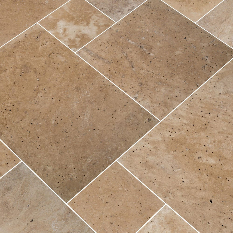 tuscany beige travertine pavers pattern tumbled floor tile LPAVTBEI10KITS multiple tiles angle view