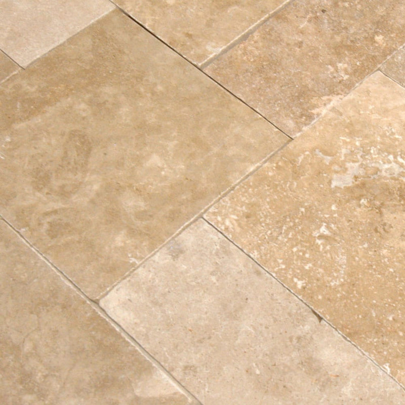 Tuscany walnut travertine pavers pattern tumbled floor-tile LPAVTWAL10KITS multiple tiles top angle view