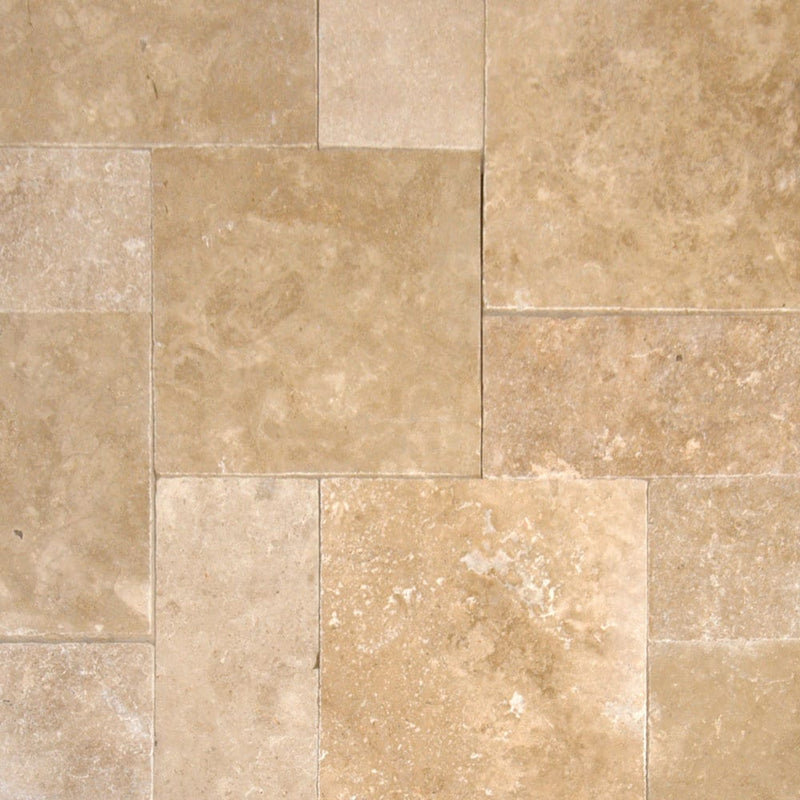 tuscany walnut travertine pavers pattern tumbled floor tile LPAVTWAL10KITS multiple tiles top view