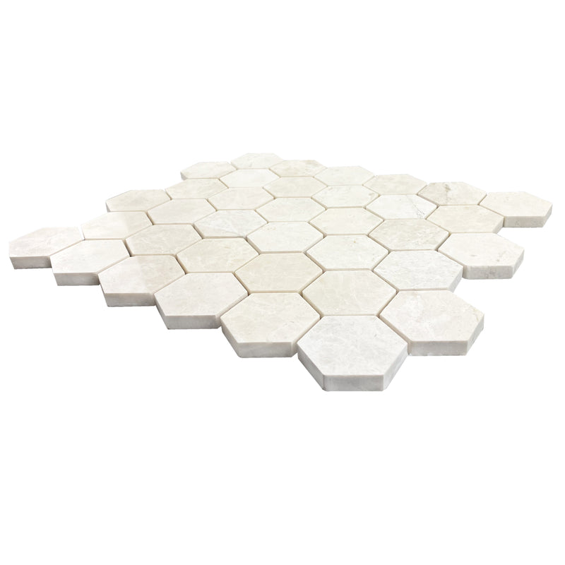 vanilla beige marble mosaic 2 hexagon honed on 12x12 -mesh angle wide view