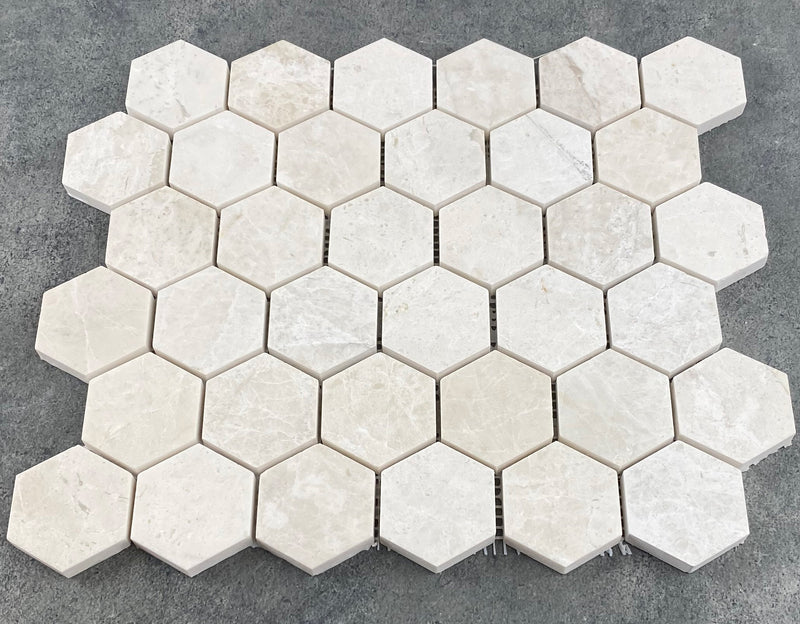 vanilla beige marble mosaic 2 hexagon honed on 12x12 -mesh top view