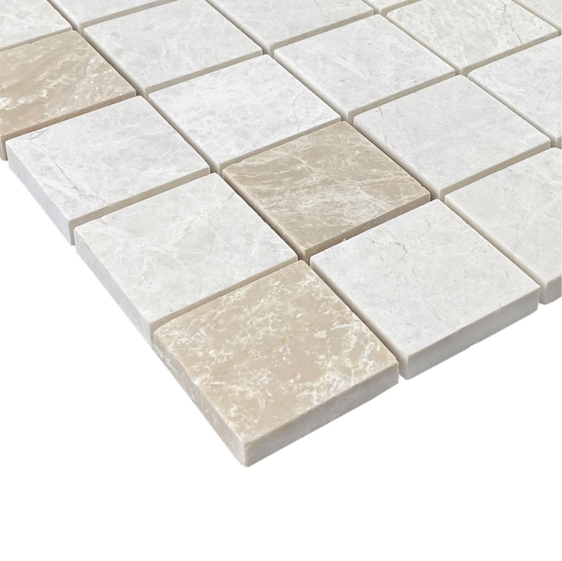 vanilla beige marble mosaic 2x2 honed on 12x12 mesh profile view