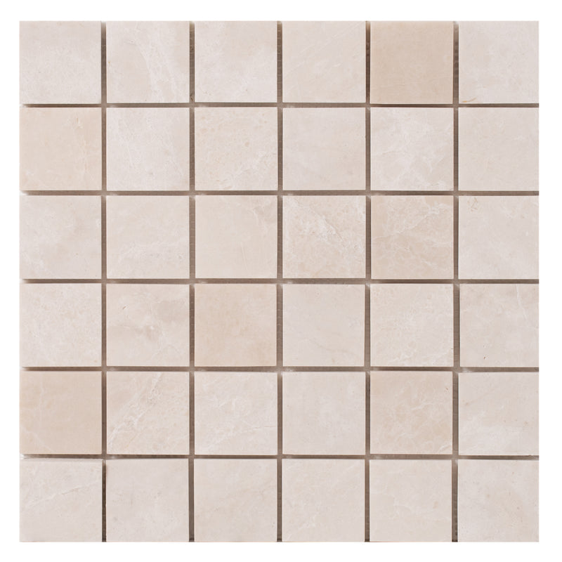 vanilla beige marble mosaic 2x2 honed on 12x12 mesh top view