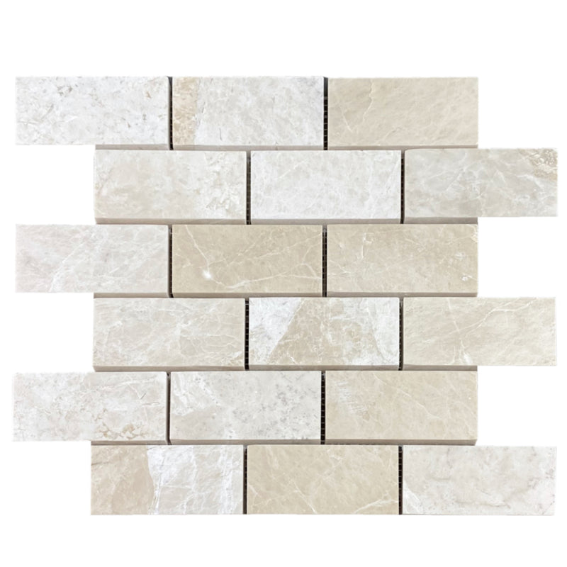 vanilla beige marble mosaic 2x4 honed on 12x12 mesh top view product shot
