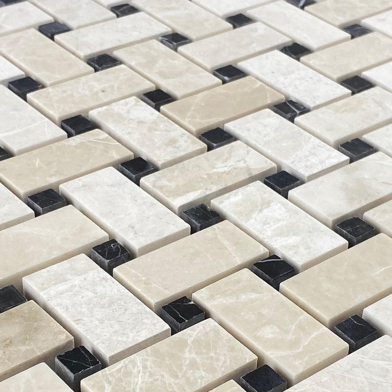 vanilla beige marble toros black dotted mosaic tile basketweave on 12x12 mesh honed angle closeup view