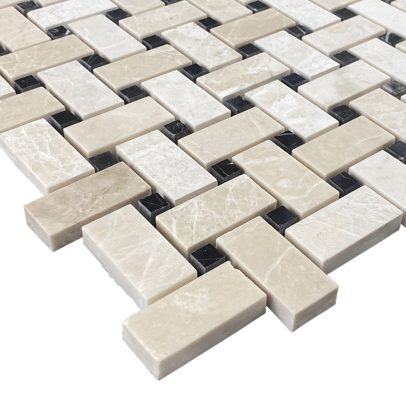 vanilla beige marble toros black dotted mosaic tile basketweave on 12x12 mesh honed profile view