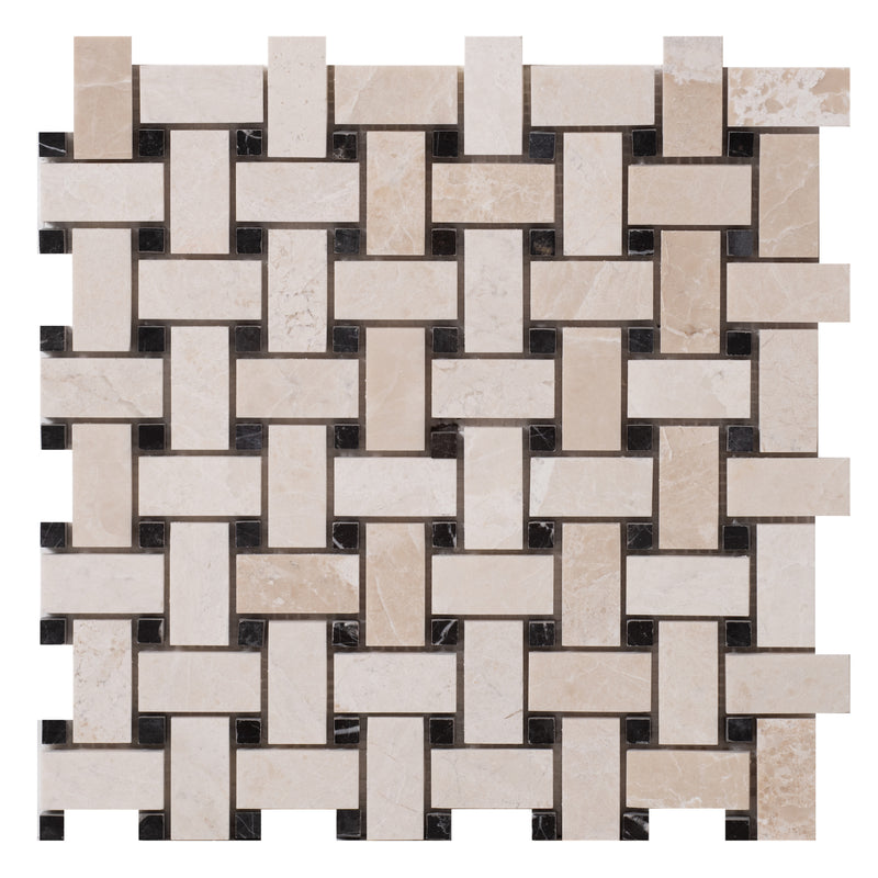 vanilla beige marble toros black dotted mosaic tile basketweave on 12x12 mesh honed top product shot