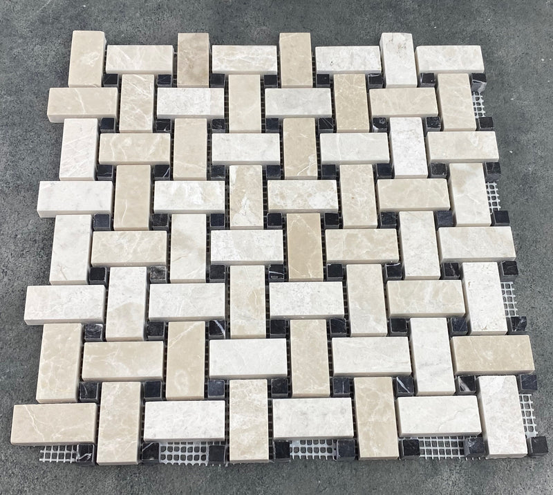 vanilla beige marble toros black dotted mosaic tile basketweave on 12x12 mesh honed top view