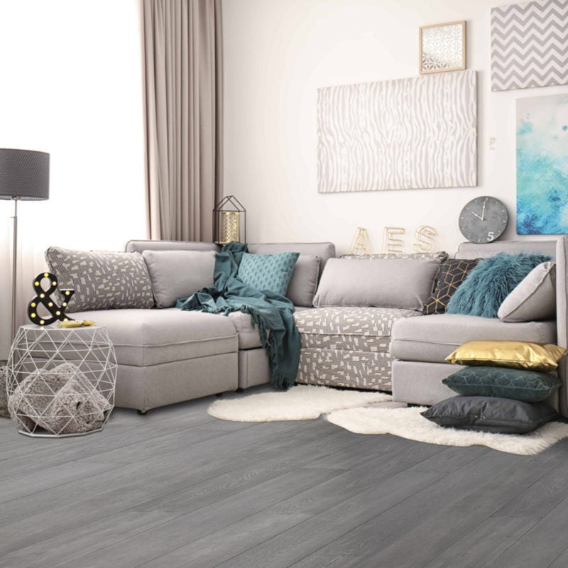 7 Ply Engineered Wood 7.5" Wide 72" RL Long Plank French White Oak Vasta - Lincoln Signature Collection room shot sofa view