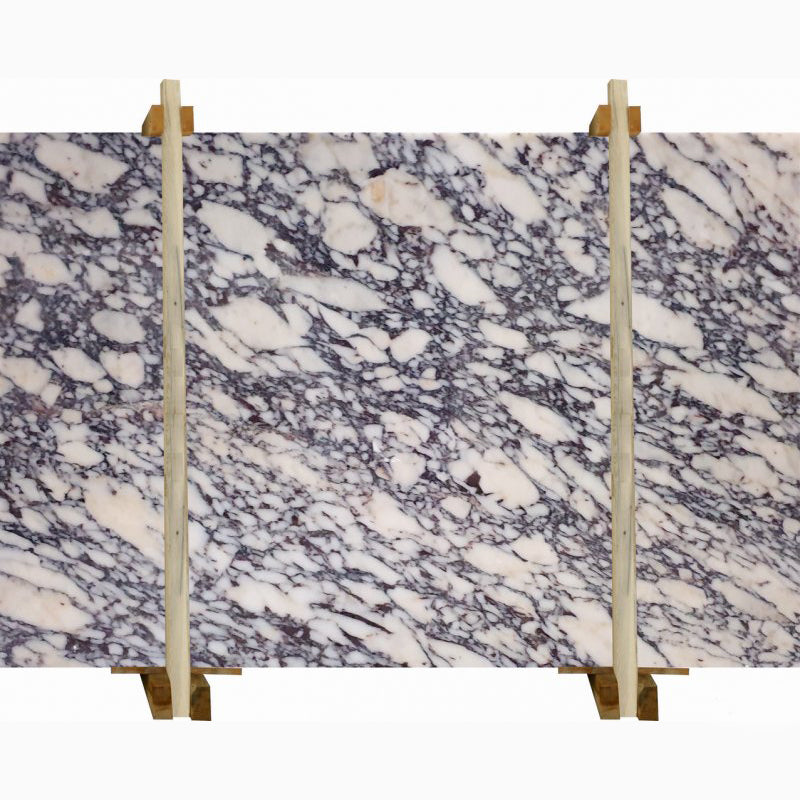 violet white marble slabs polished 2cm slabs packed on wooden bundles front view