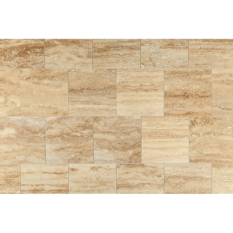 walnut 12x12 vein cut travertine tile filled polished product shot multiple topview