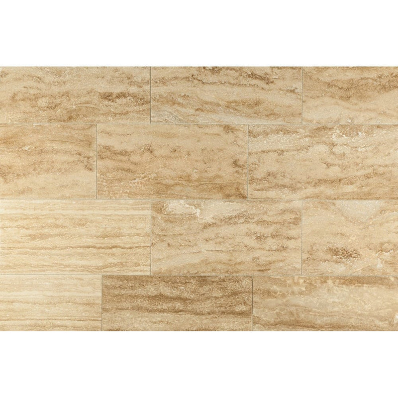 walnut 12x24 vein cut travertine tile filled polished product shot multiple tiles top view