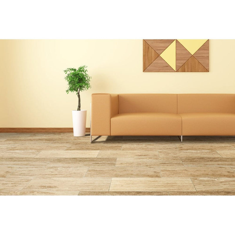 walnut 12x24 vein cut travertine tile filled polished roomscene orange couch